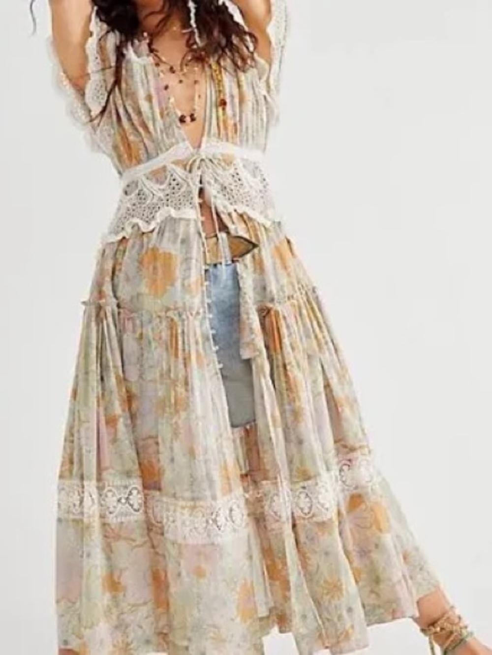 Free People Distressed Floral Lace Trim Maxi Dress Small field of Dreams